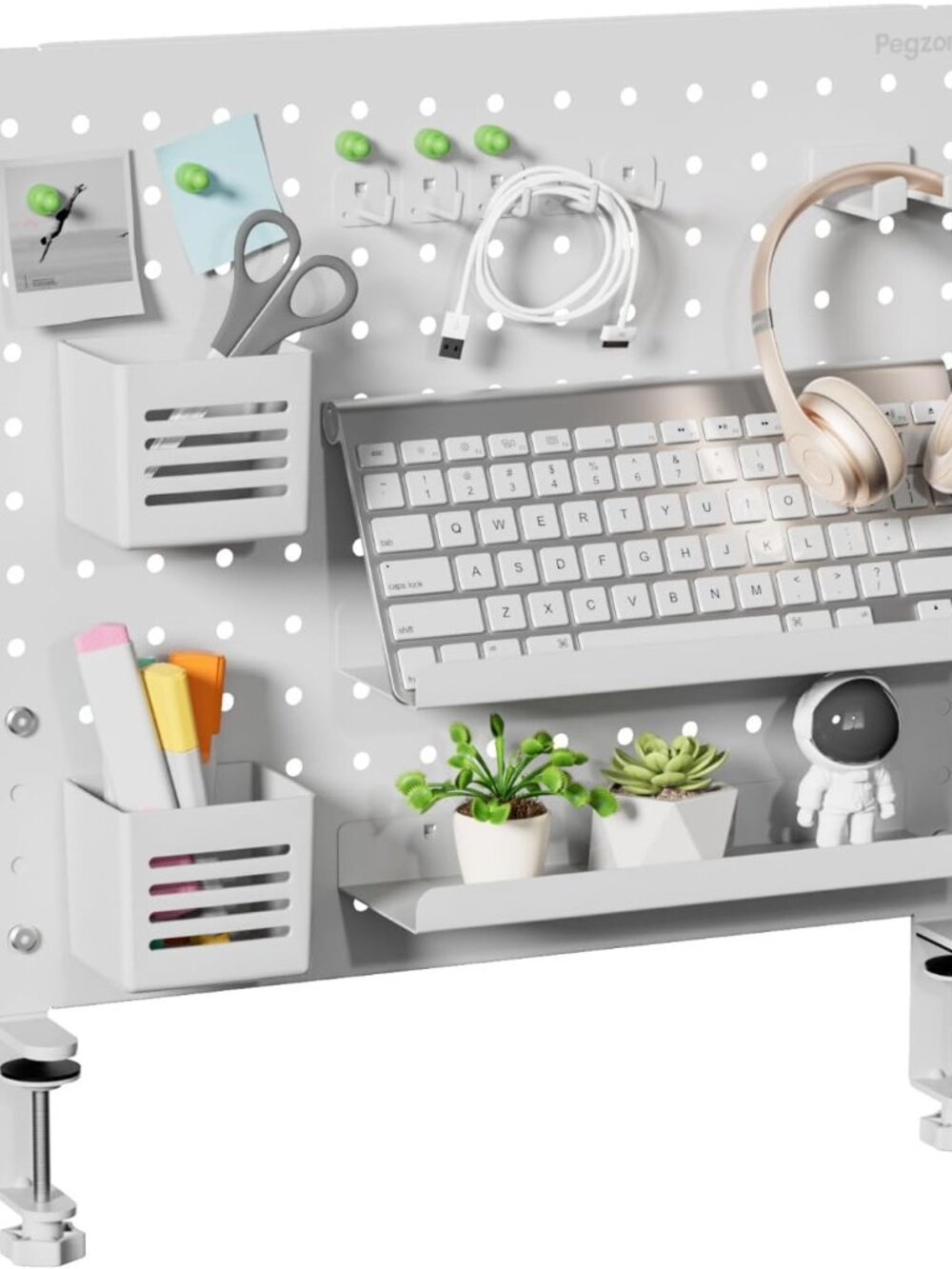 Clamp on Desk Pegboard, 20.4" x 16.5", with 15 Accessories, White